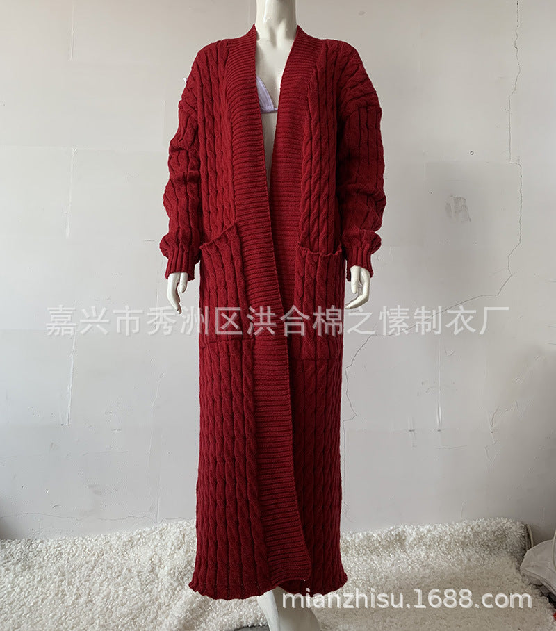 Wholesale Long Knitted Sweater Jacket Cardigan Pocket Long Sweater Thickened Jacket